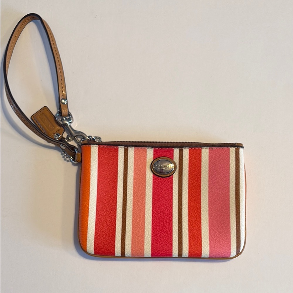 Coach Striped Wristlet - Pink, Orange, and Brown